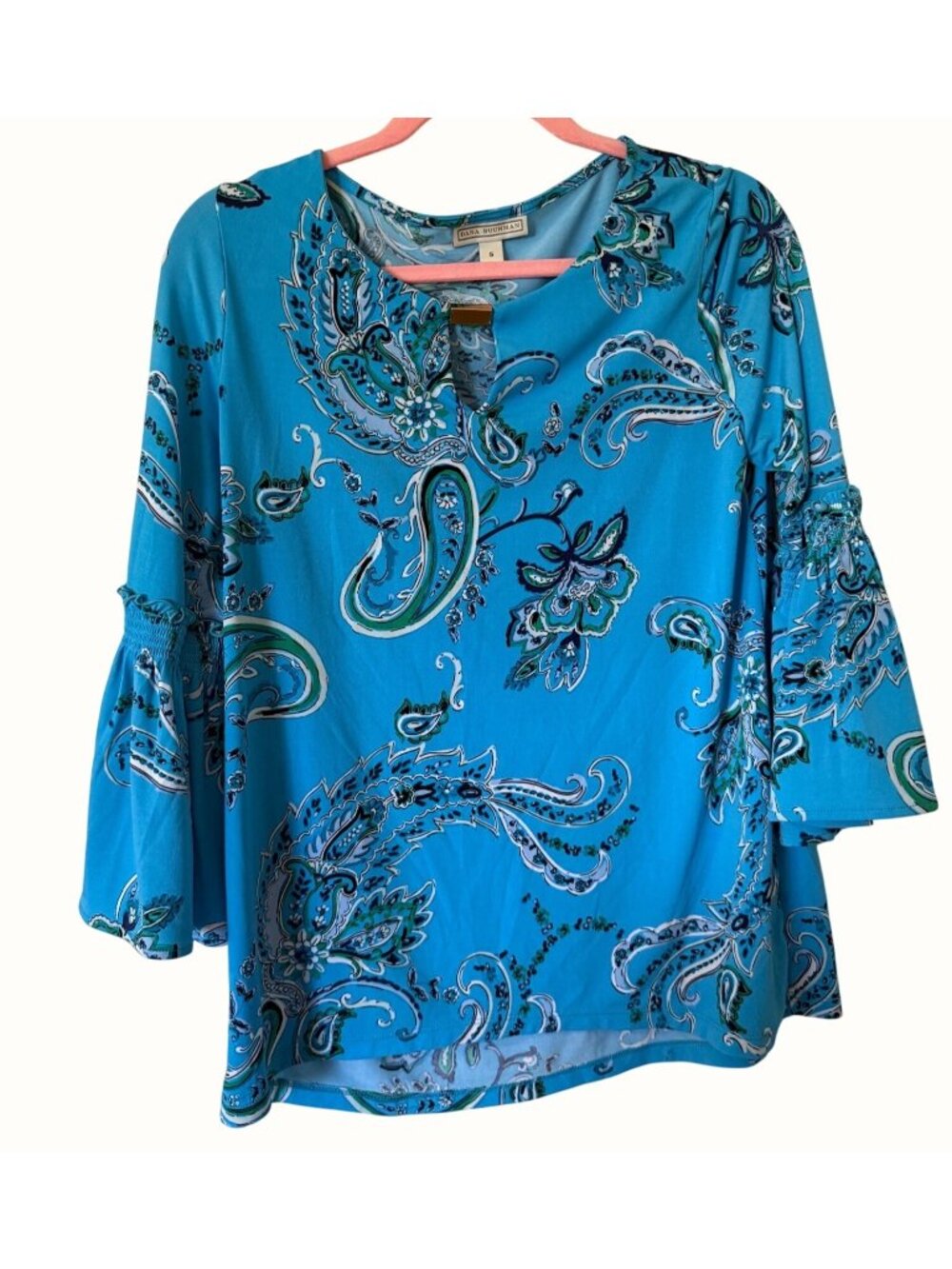 Dana Buchman Womens Blue Paisley Bell Sleeve Top Size S